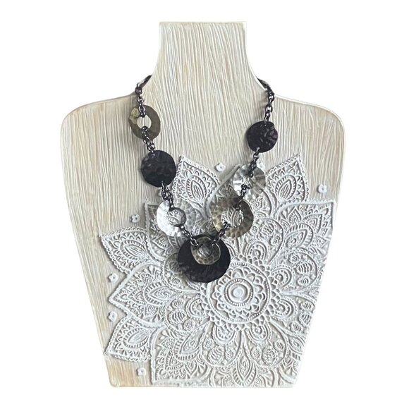 Mixed Metal Boho Statement Necklace Signed Laura Ashley Purple Hammered 15-18” - Picture 2 of 11